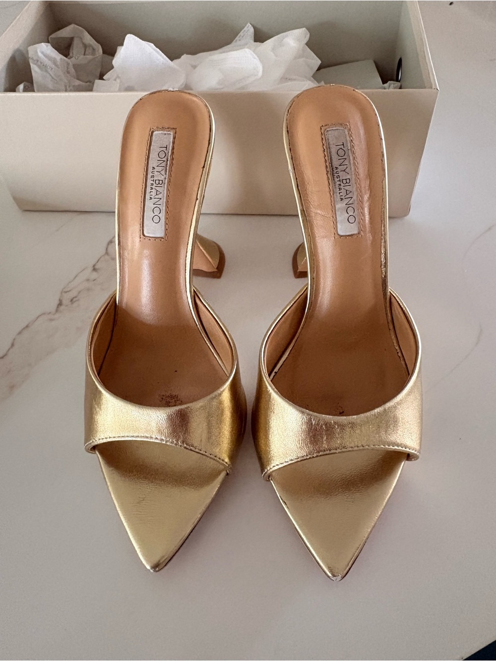 Tony Bianco Metallic Gold Pointed-Toe Mule Heels